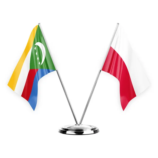 Two Table Flags Isolated White Background Illustration Comoros Poland — Zdjęcie stockowe