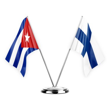 Two table flags isolated on white background 3d illustration, cuba and finland