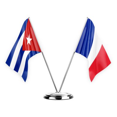 Two table flags isolated on white background 3d illustration, cuba and france