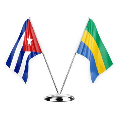 Two table flags isolated on white background 3d illustration, cuba and gabon