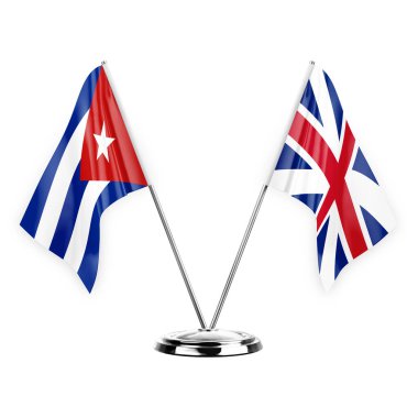 Two table flags isolated on white background 3d illustration, cuba and britain