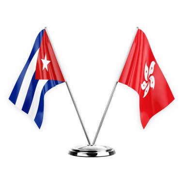 Two table flags isolated on white background 3d illustration, cuba and hong kong