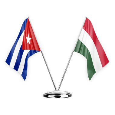 Two table flags isolated on white background 3d illustration, cuba and hungary