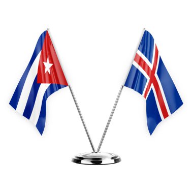 Two table flags isolated on white background 3d illustration, cuba and iceland