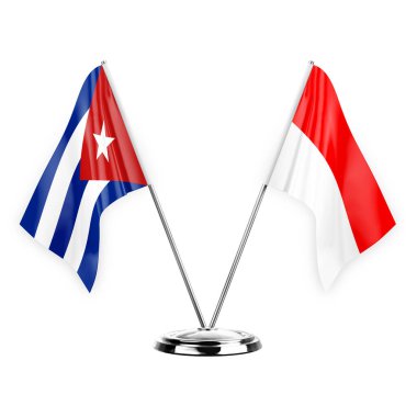 Two table flags isolated on white background 3d illustration, cuba and indonesia