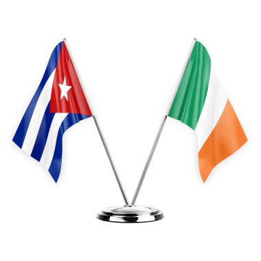 Two table flags isolated on white background 3d illustration, cuba and ireland