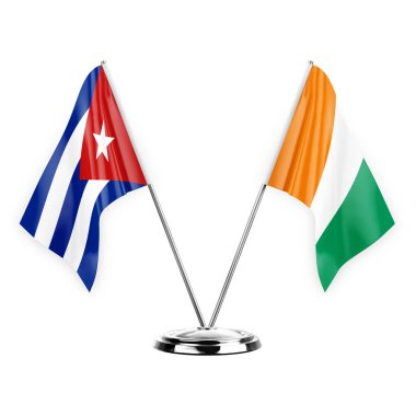 Two table flags isolated on white background 3d illustration, cuba and ivory coast