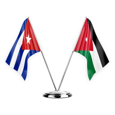 Two table flags isolated on white background 3d illustration, cuba and jordan