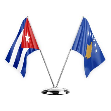 Two table flags isolated on white background 3d illustration, cuba and kosovo