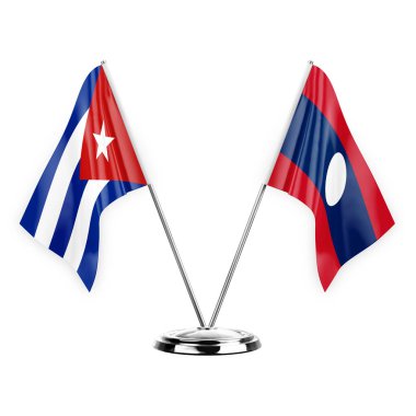 Two table flags isolated on white background 3d illustration, cuba and laos