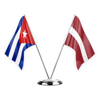 Two table flags isolated on white background 3d illustration, cuba and latvia