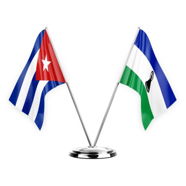 Two table flags isolated on white background 3d illustration, cuba and lesotho