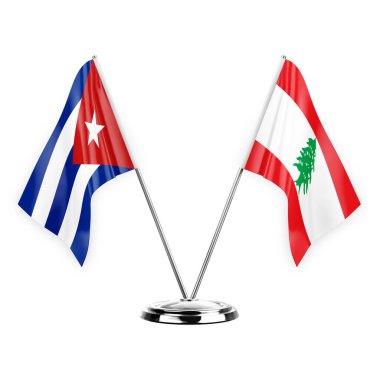 Two table flags isolated on white background 3d illustration, cuba and lebanon