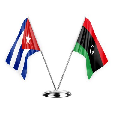 Two table flags isolated on white background 3d illustration, cuba and libya