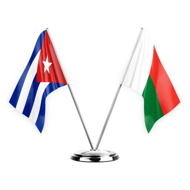 Two table flags isolated on white background 3d illustration, cuba and madagascar