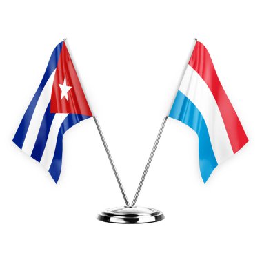 Two table flags isolated on white background 3d illustration, cuba and luxembourg
