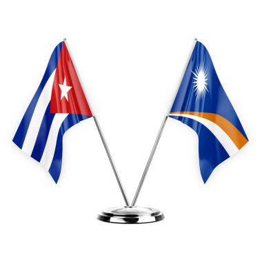 Two table flags isolated on white background 3d illustration, cuba and marshall islands