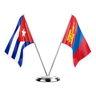 Two table flags isolated on white background 3d illustration, cuba and mongolia
