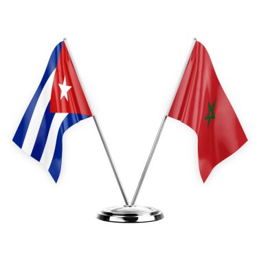 Two table flags isolated on white background 3d illustration, cuba and morocco