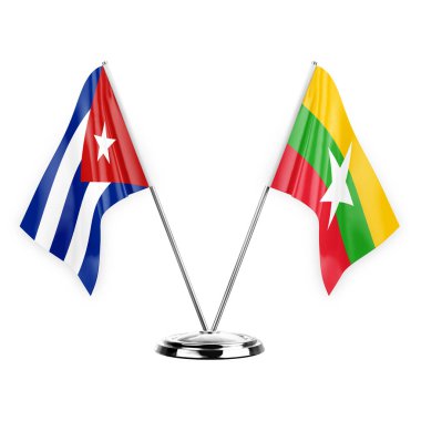 Two table flags isolated on white background 3d illustration, cuba and myanmar