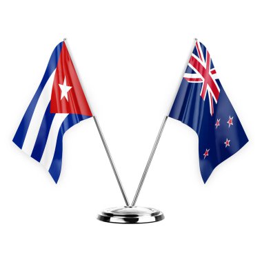 Two table flags isolated on white background 3d illustration, cuba and new zealand