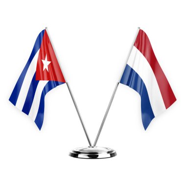 Two table flags isolated on white background 3d illustration, cuba and netherlands