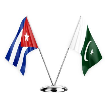 Two table flags isolated on white background 3d illustration, cuba and pakistan