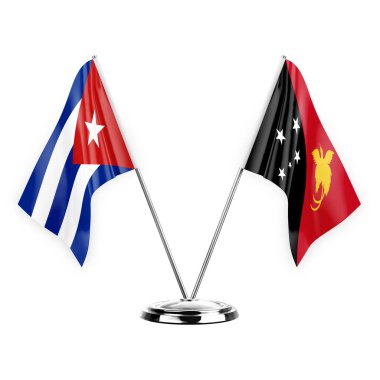 Two table flags isolated on white background 3d illustration, cuba and papua new guinea