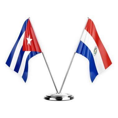 Two table flags isolated on white background 3d illustration, cuba and paraguay