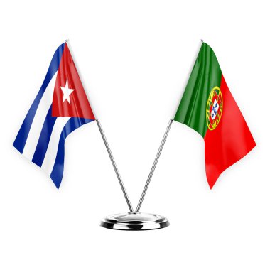 Two table flags isolated on white background 3d illustration, cuba and portugal