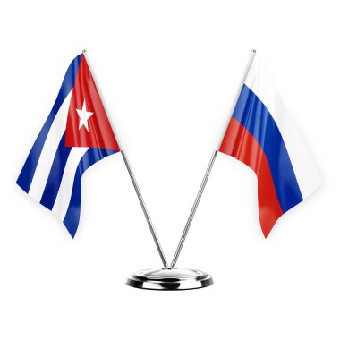 Two table flags isolated on white background 3d illustration, cuba and russia