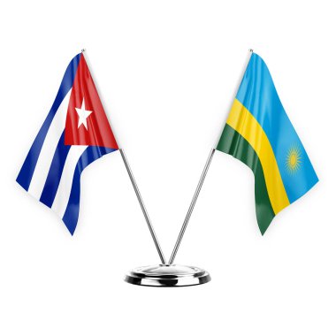 Two table flags isolated on white background 3d illustration, cuba and rwanda