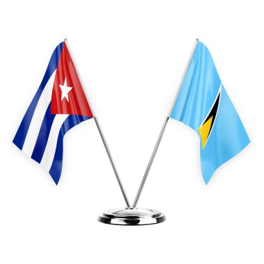 Two table flags isolated on white background 3d illustration, cuba and saint lucia