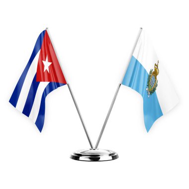 Two table flags isolated on white background 3d illustration, cuba and san marino