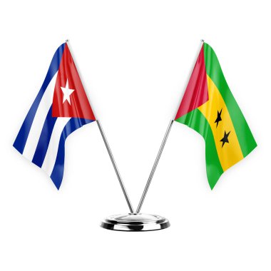 Two table flags isolated on white background 3d illustration, cuba and sao tome and principe