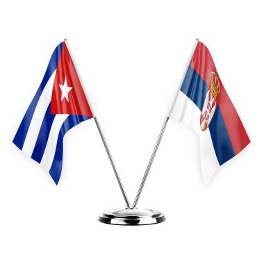 Two table flags isolated on white background 3d illustration, cuba and serbia