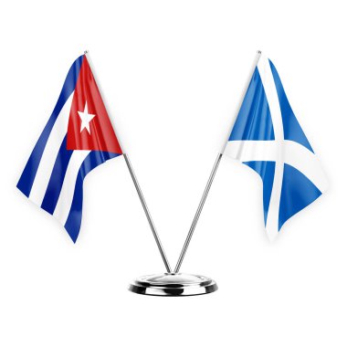 Two table flags isolated on white background 3d illustration, cuba and scotland