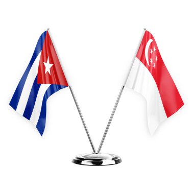 Two table flags isolated on white background 3d illustration, cuba and singapore
