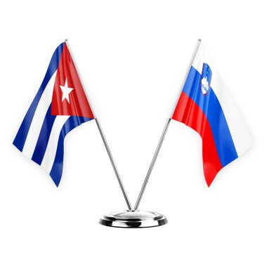 Two table flags isolated on white background 3d illustration, cuba and slovenia