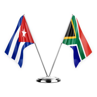 Two table flags isolated on white background 3d illustration, cuba and south africa