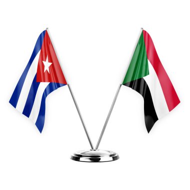 Two table flags isolated on white background 3d illustration, cuba and sudan