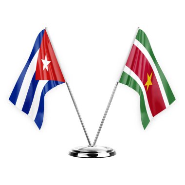 Two table flags isolated on white background 3d illustration, cuba and suriname