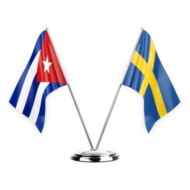 Two table flags isolated on white background 3d illustration, cuba and sweden