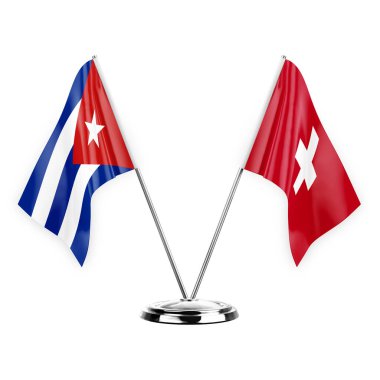 Two table flags isolated on white background 3d illustration, cuba and switzerland