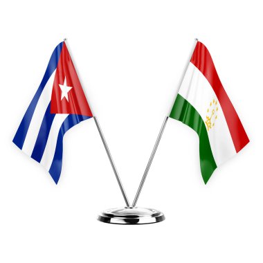 Two table flags isolated on white background 3d illustration, cuba and tajikistan