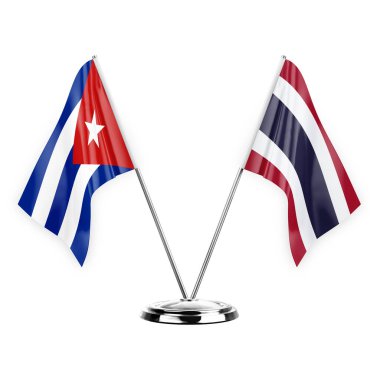 Two table flags isolated on white background 3d illustration, cuba and thailand