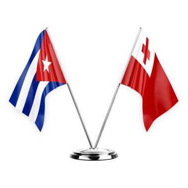 Two table flags isolated on white background 3d illustration, cuba and tonga