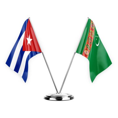 Two table flags isolated on white background 3d illustration, cuba and turkmenistan