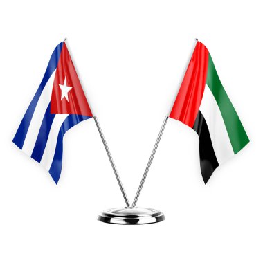 Two table flags isolated on white background 3d illustration, cuba and united arab emirates