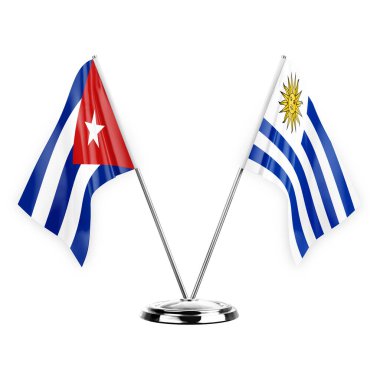 Two table flags isolated on white background 3d illustration, cuba and uruguay